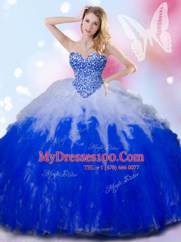 Floor Length Blue And White 15 Quinceanera Dress Tulle Sleeveless Beading and Ruffles