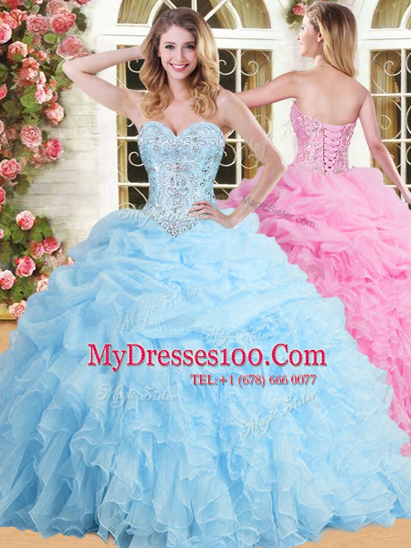 Sleeveless Floor Length Beading and Appliques and Ruffles and Pick Ups Lace Up Sweet 16 Dresses with Baby Blue