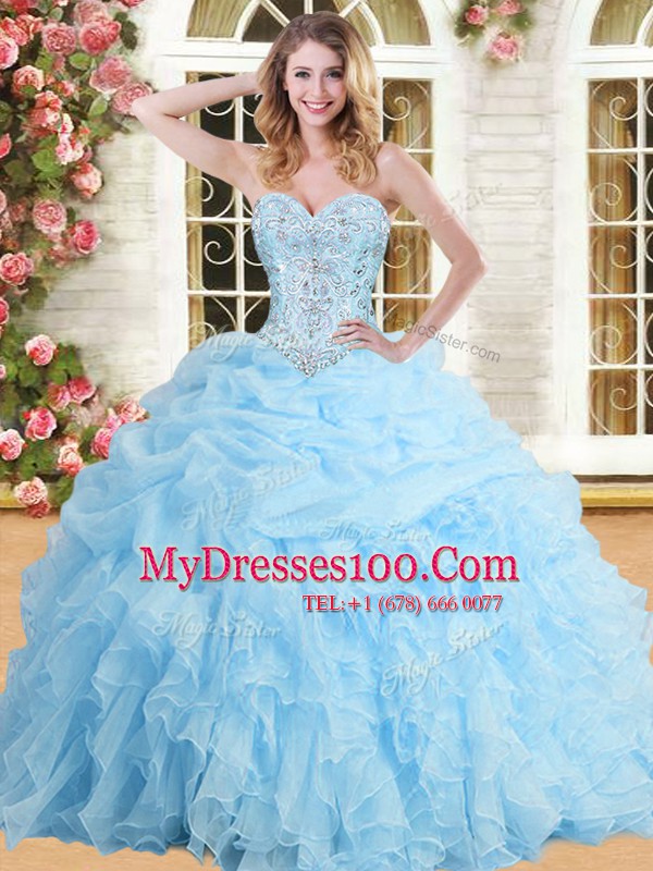 Sleeveless Floor Length Beading and Appliques and Ruffles and Pick Ups Lace Up Sweet 16 Dresses with Baby Blue
