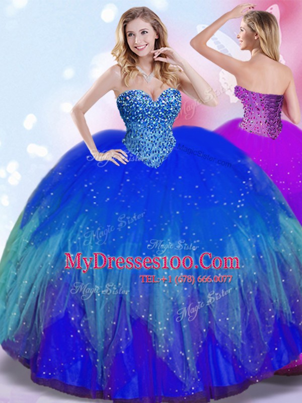 Sweetheart Sleeveless 15th Birthday Dress Floor Length Beading Royal Blue Tulle