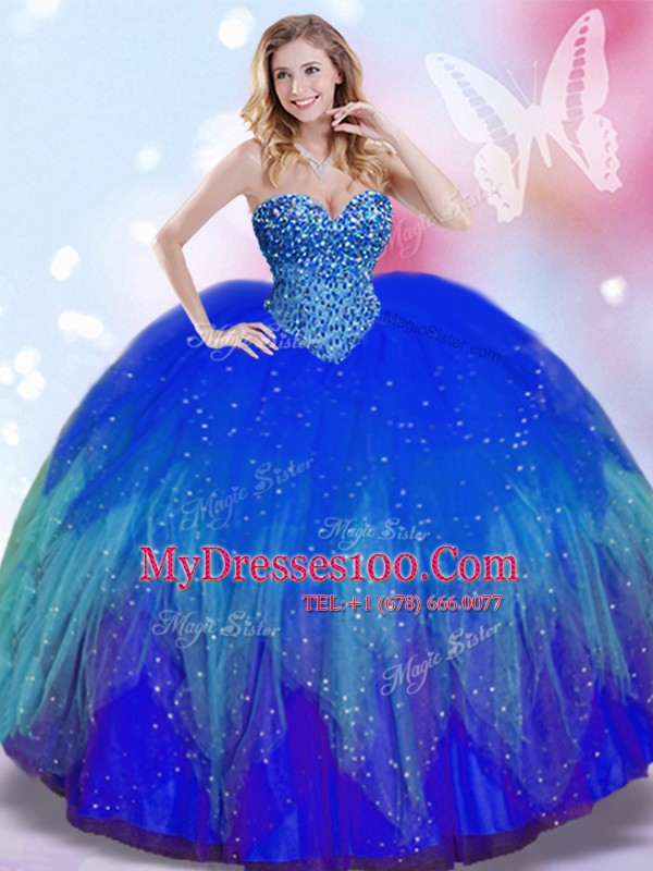 Sweetheart Sleeveless 15th Birthday Dress Floor Length Beading Royal Blue Tulle