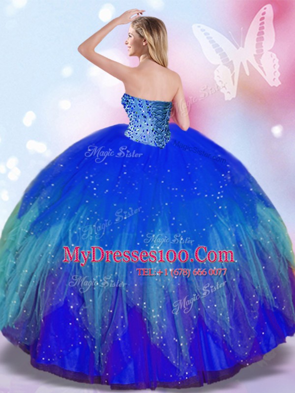Sweetheart Sleeveless 15th Birthday Dress Floor Length Beading Royal Blue Tulle