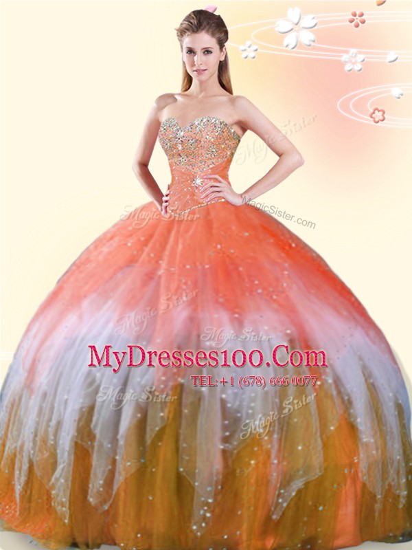 Beauteous Sweetheart Sleeveless Sweet 16 Dresses Floor Length Beading Multi-color Tulle