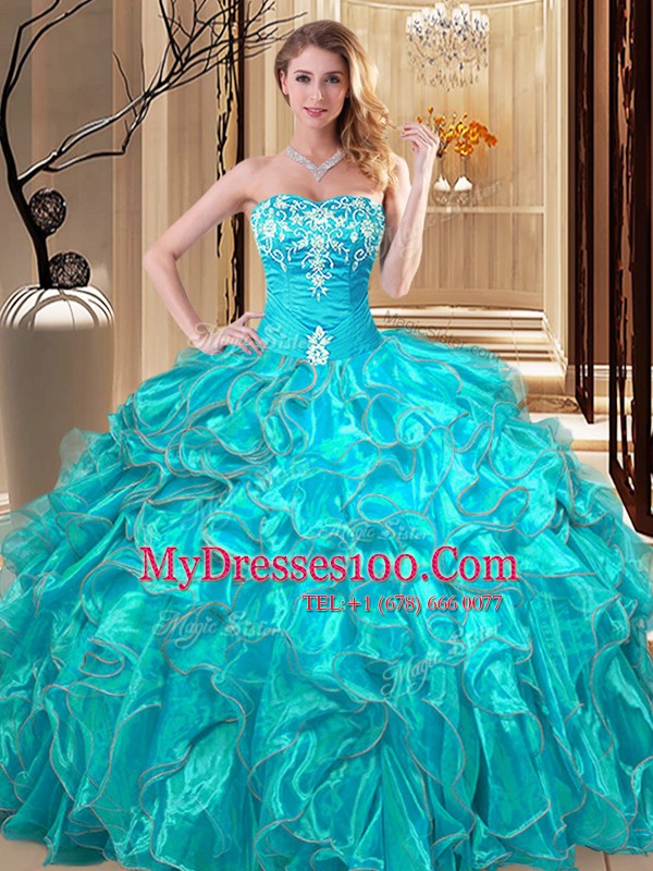 Delicate Aqua Blue Sweetheart Neckline Embroidery and Ruffles Vestidos de Quinceanera Sleeveless Lace Up