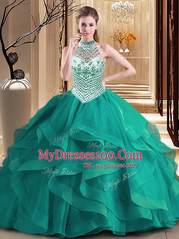 High End Halter Top Dark Green Sleeveless Tulle Brush Train Lace Up 15th Birthday Dress for Military Ball and Sweet 16 and Quinceanera