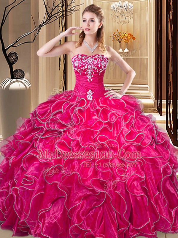 Flirting Embroidery and Ruffles Ball Gown Prom Dress Hot Pink Lace Up Sleeveless Floor Length