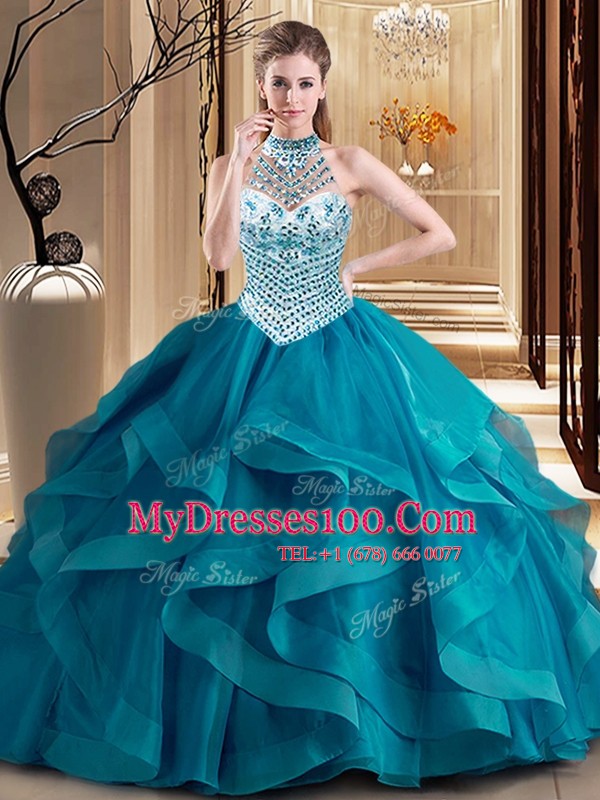Ideal Halter Top Sleeveless Brush Train Lace Up Vestidos de Quinceanera Teal Tulle