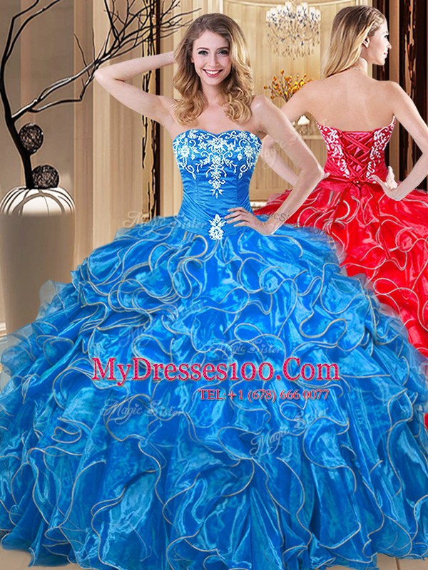Delicate Blue Organza Lace Up Sweet 16 Dresses Sleeveless Floor Length Embroidery and Ruffles