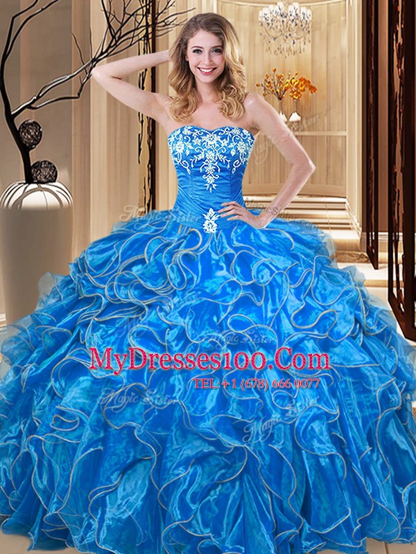 Delicate Blue Organza Lace Up Sweet 16 Dresses Sleeveless Floor Length Embroidery and Ruffles