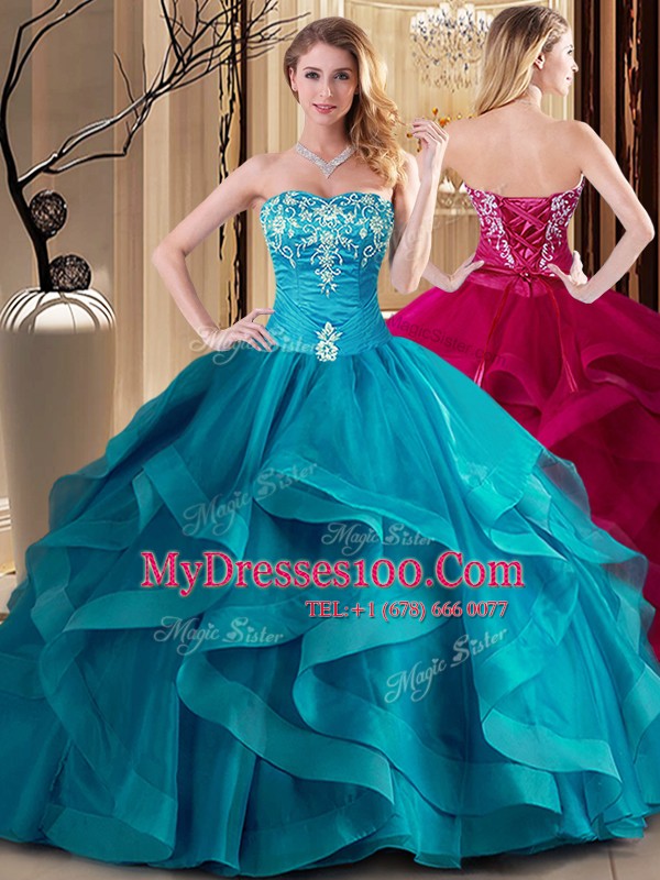 Tulle Sweetheart Sleeveless Lace Up Embroidery and Ruffles Sweet 16 Dresses in Teal