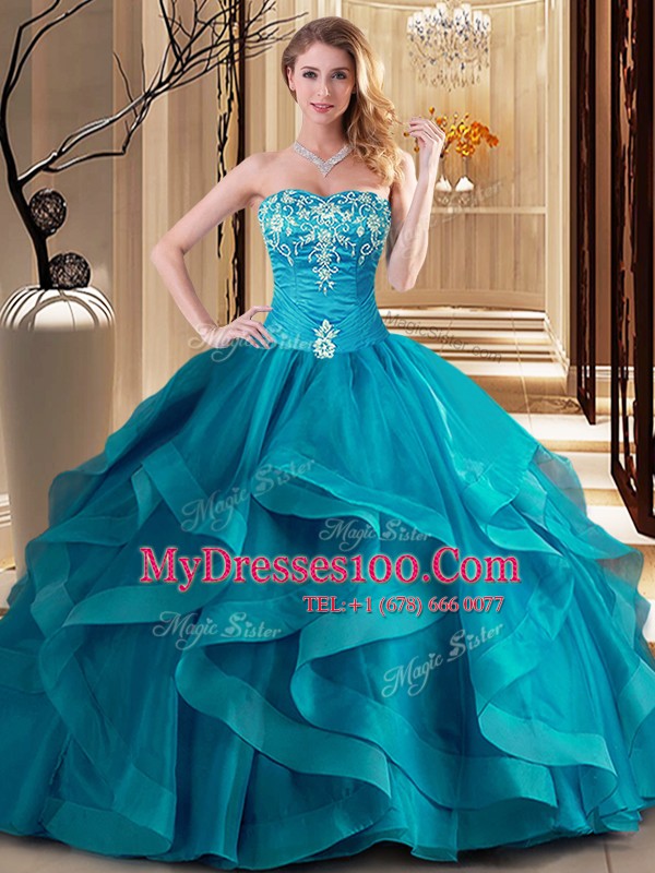 Tulle Sweetheart Sleeveless Lace Up Embroidery and Ruffles Sweet 16 Dresses in Teal