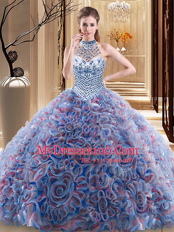 Attractive Multi-color Lace Up Halter Top Beading Sweet 16 Dress Fabric With Rolling Flowers Sleeveless Brush Train