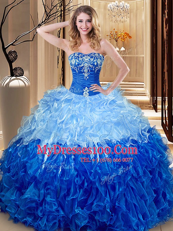 Embroidery and Ruffles Quince Ball Gowns Multi-color and Blue And White Lace Up Sleeveless Floor Length