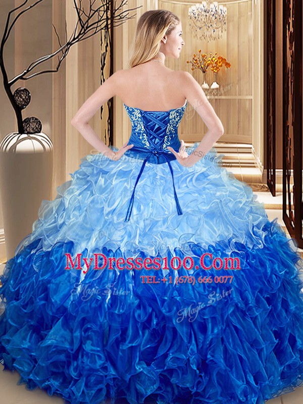 Embroidery and Ruffles Quince Ball Gowns Multi-color and Blue And White Lace Up Sleeveless Floor Length