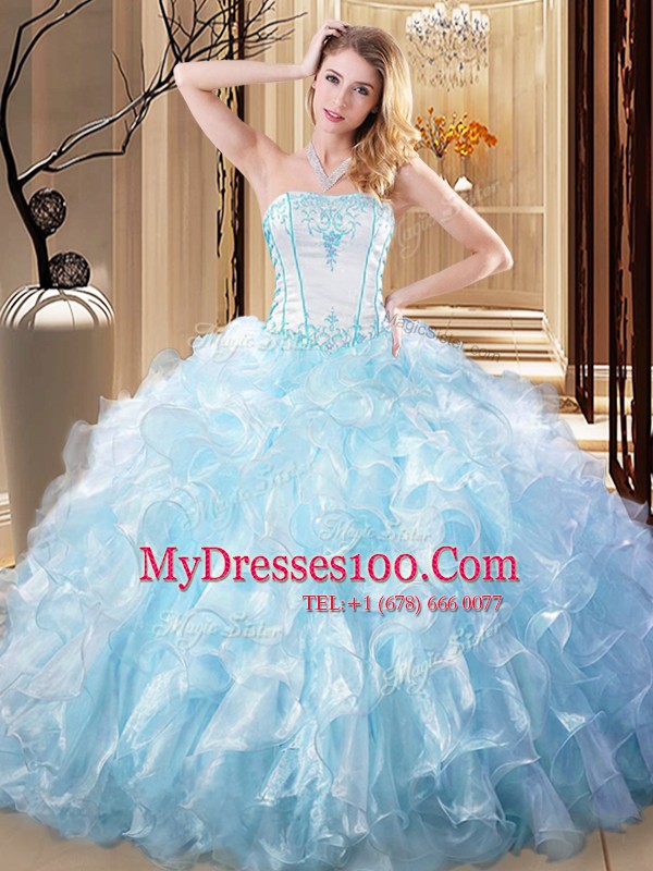 High End Light Blue Strapless Neckline Embroidery and Ruffles Quinceanera Gown Sleeveless Lace Up
