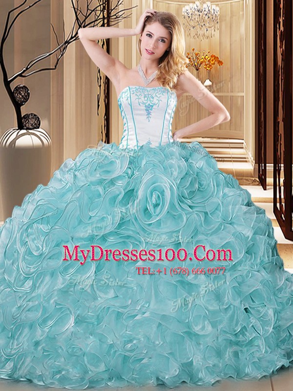 Floor Length Blue And White Quinceanera Gown Organza Sleeveless Embroidery and Ruffles