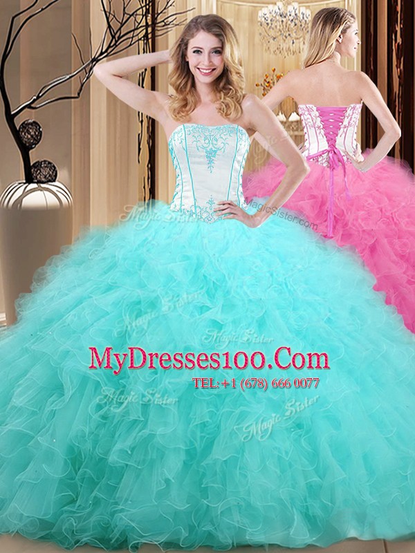 Flirting Sleeveless Tulle Floor Length Lace Up Quinceanera Gown in Blue with Embroidery