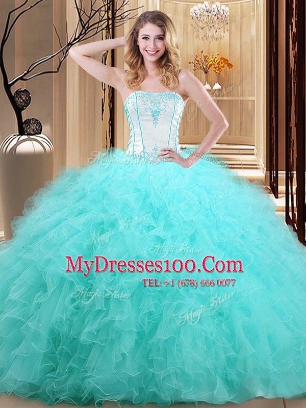 Flirting Sleeveless Tulle Floor Length Lace Up Quinceanera Gown in Blue with Embroidery