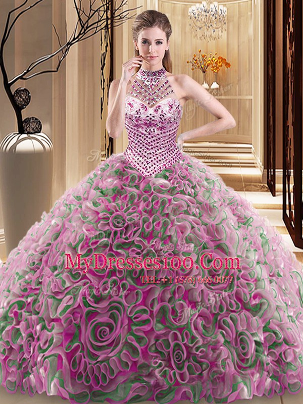 Fantastic Halter Top Sleeveless Fabric With Rolling Flowers With Brush Train Lace Up Sweet 16 Quinceanera Dress in Multi-color with Beading