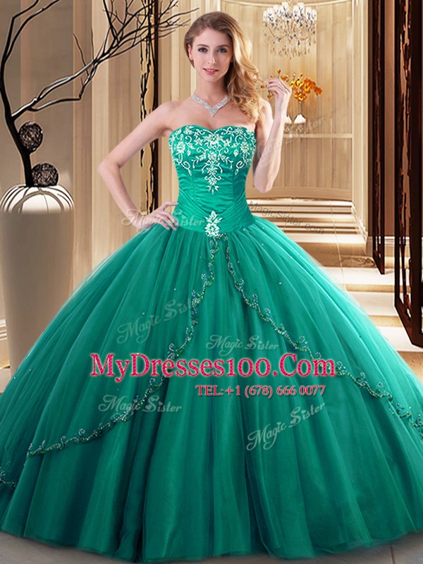 Graceful Dark Green Tulle Lace Up Sweetheart Sleeveless Floor Length Vestidos de Quinceanera Embroidery