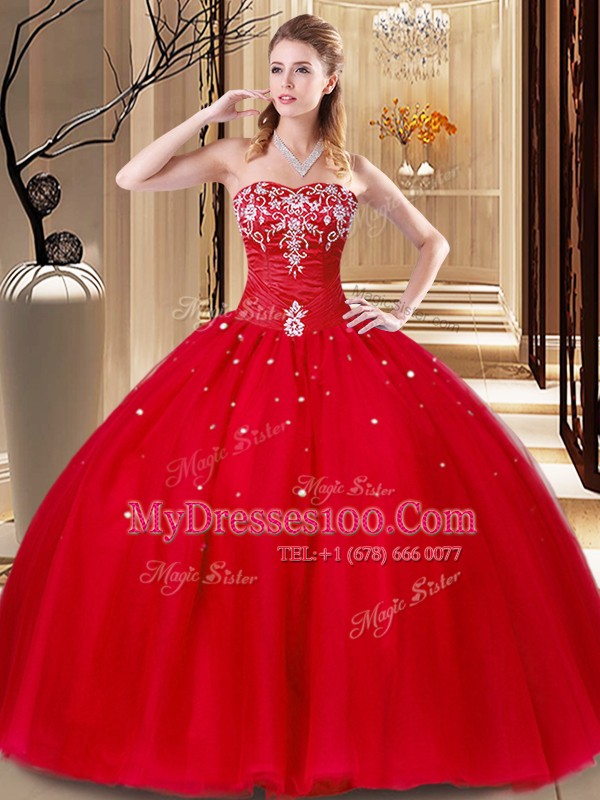 On Sale Red Ball Gowns Beading and Embroidery 15 Quinceanera Dress Lace Up Tulle Sleeveless Floor Length