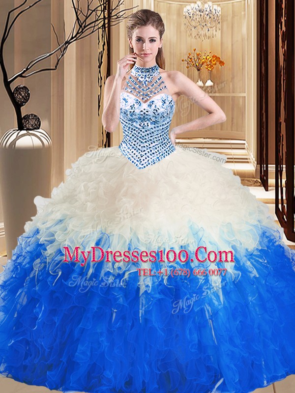 Best Halter Top Sleeveless Beading and Ruffles Lace Up Sweet 16 Dress
