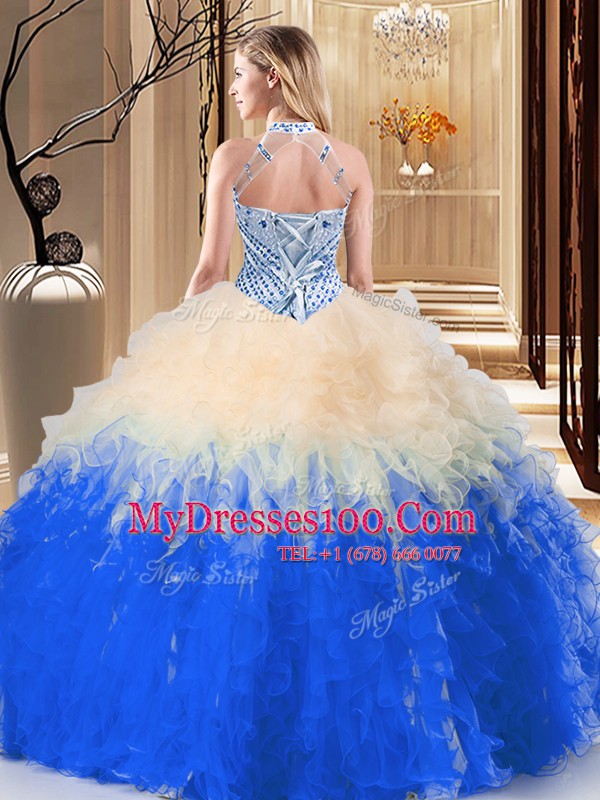 Best Halter Top Sleeveless Beading and Ruffles Lace Up Sweet 16 Dress