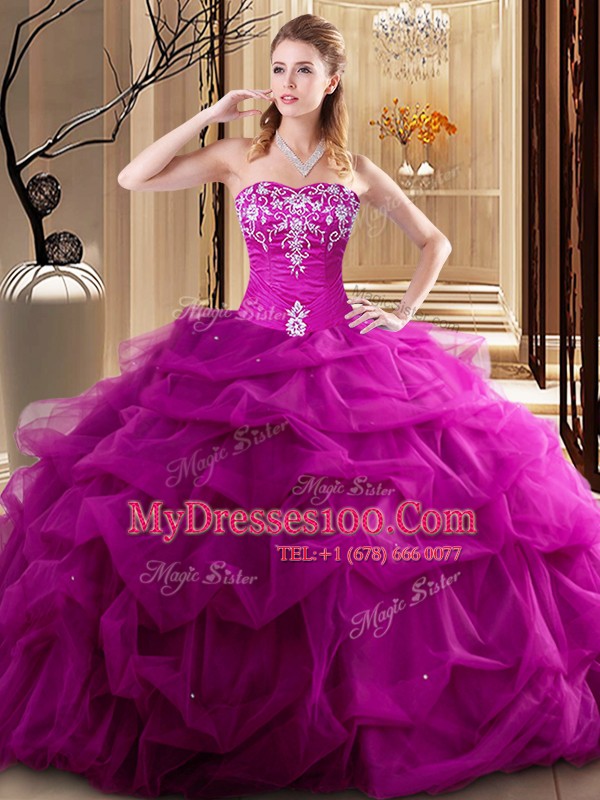 Fuchsia Sleeveless Floor Length Embroidery and Pick Ups Lace Up 15 Quinceanera Dress