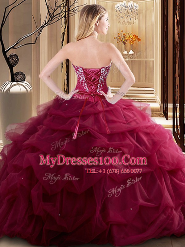 Fuchsia Sleeveless Floor Length Embroidery and Pick Ups Lace Up 15 Quinceanera Dress