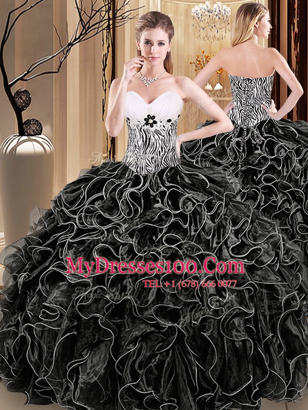 Sleeveless Organza Floor Length Lace Up Quinceanera Gowns in Black with Ruffles and Pattern