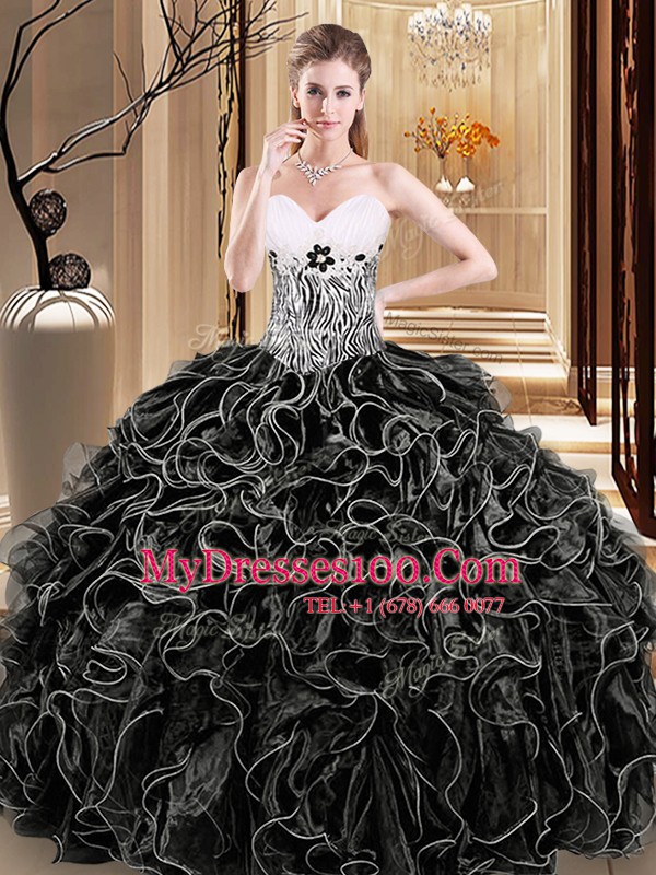 Sleeveless Organza Floor Length Lace Up Quinceanera Gowns in Black with Ruffles and Pattern
