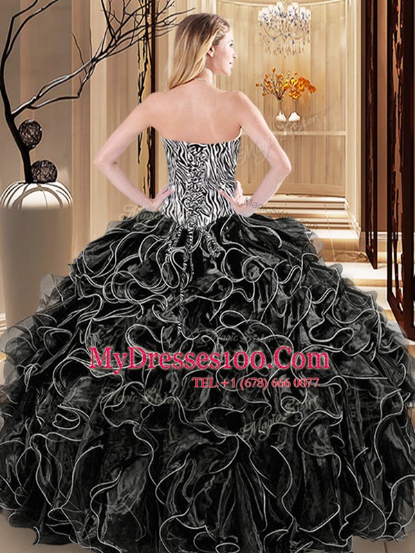 Sleeveless Organza Floor Length Lace Up Quinceanera Gowns in Black with Ruffles and Pattern