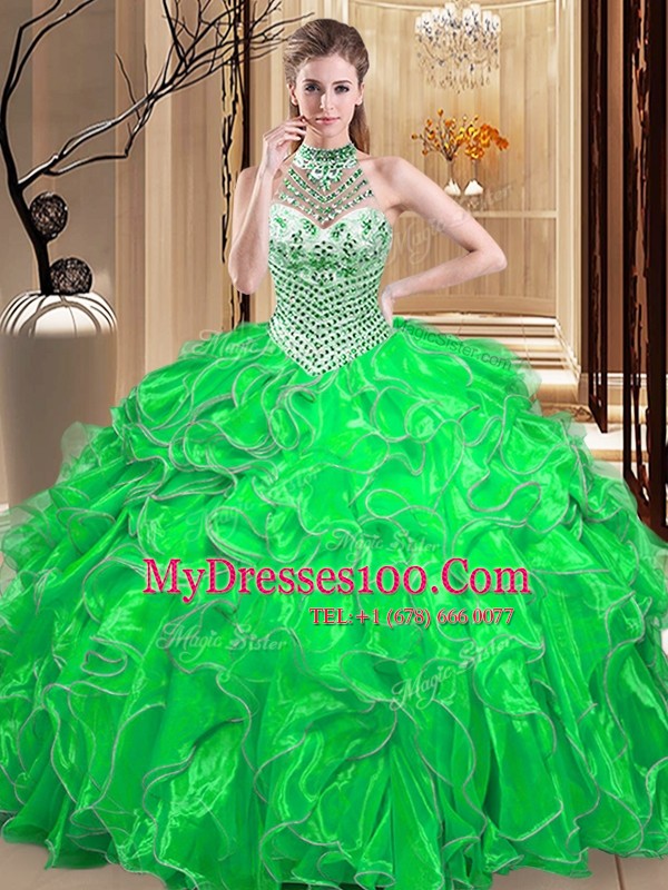 Custom Made Halter Top Sleeveless Quinceanera Gowns Floor Length Beading and Ruffles Organza