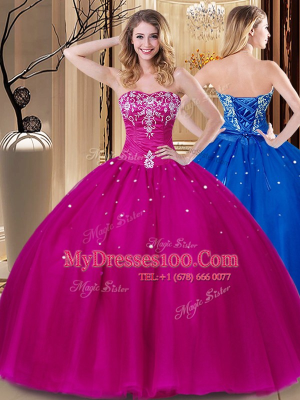 Wonderful Fuchsia Lace Up Sweetheart Beading and Embroidery Sweet 16 Quinceanera Dress Tulle Sleeveless