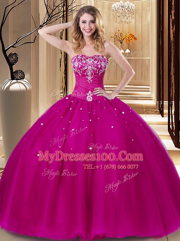 Wonderful Fuchsia Lace Up Sweetheart Beading and Embroidery Sweet 16 Quinceanera Dress Tulle Sleeveless