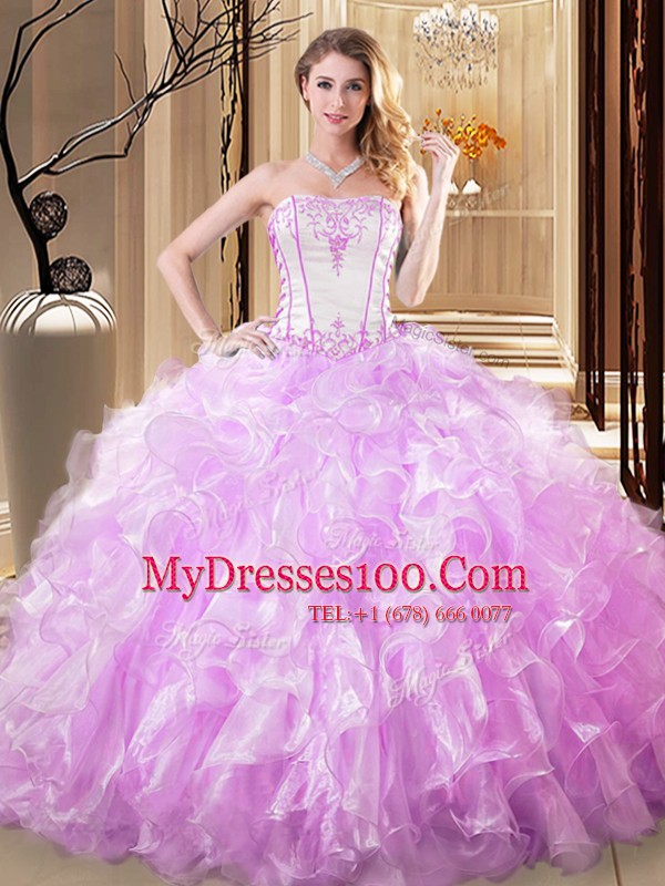 Modern Strapless Sleeveless Ball Gown Prom Dress Floor Length Embroidery and Ruffles Lilac Organza