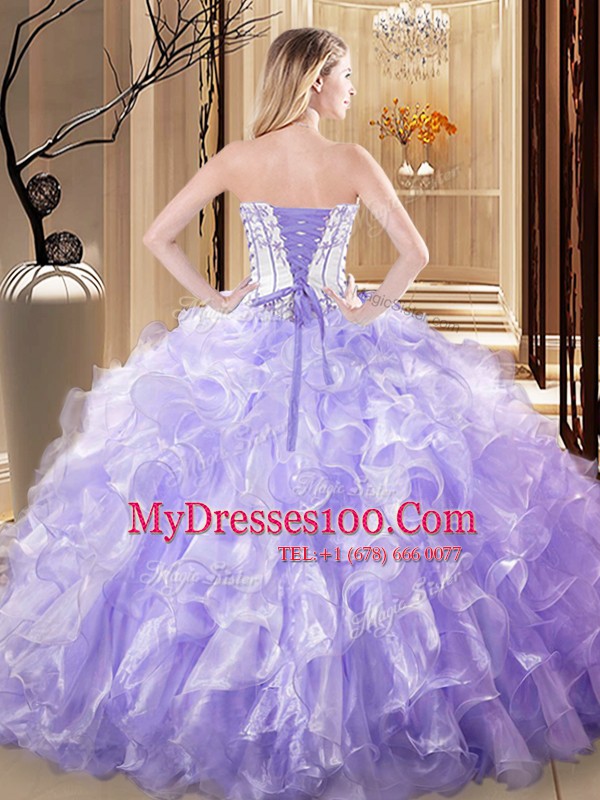 Modern Strapless Sleeveless Ball Gown Prom Dress Floor Length Embroidery and Ruffles Lilac Organza