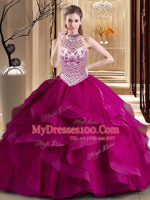 Fashionable Tulle Halter Top Sleeveless Brush Train Lace Up Beading and Ruffles Quinceanera Dress in Fuchsia