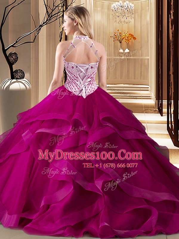 Fashionable Tulle Halter Top Sleeveless Brush Train Lace Up Beading and Ruffles Quinceanera Dress in Fuchsia