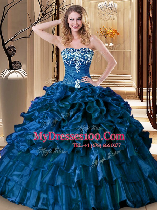 Flirting Royal Blue Lace Up Sweetheart Embroidery and Ruffles Quinceanera Dresses Organza Sleeveless
