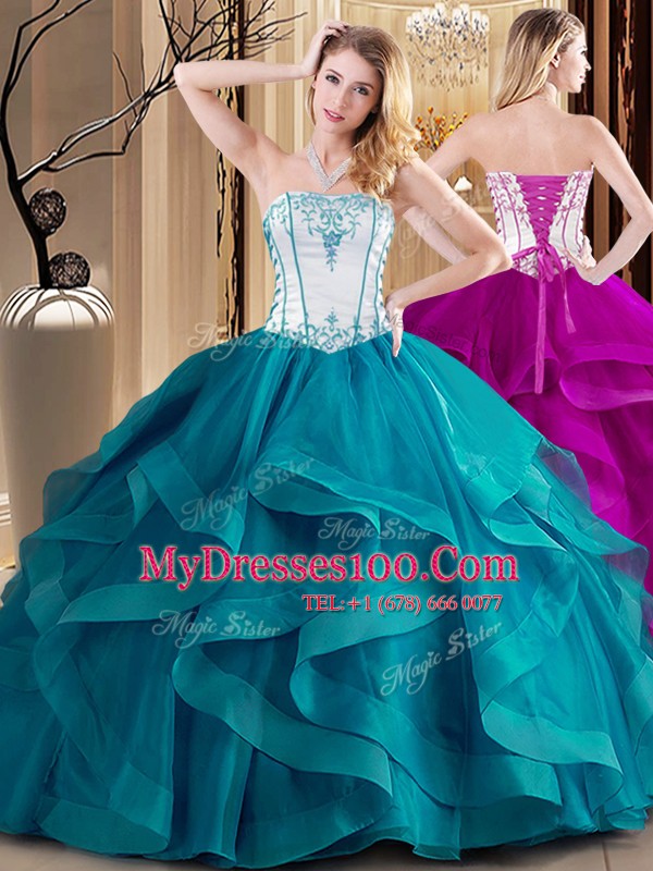 Teal Tulle Lace Up Strapless Sleeveless Floor Length Quinceanera Gowns Embroidery