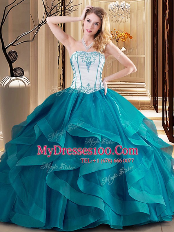 Teal Tulle Lace Up Strapless Sleeveless Floor Length Quinceanera Gowns Embroidery