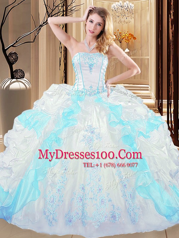 High Quality Ruffled Floor Length Blue And White Quinceanera Gown Strapless Sleeveless Lace Up
