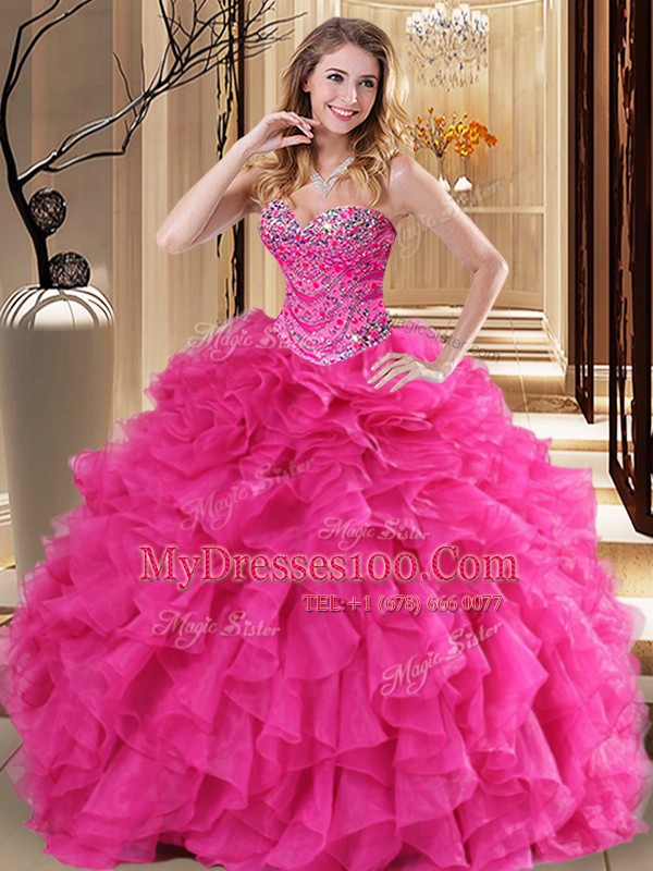 Elegant Sweetheart Sleeveless Lace Up Quinceanera Dress Hot Pink Organza