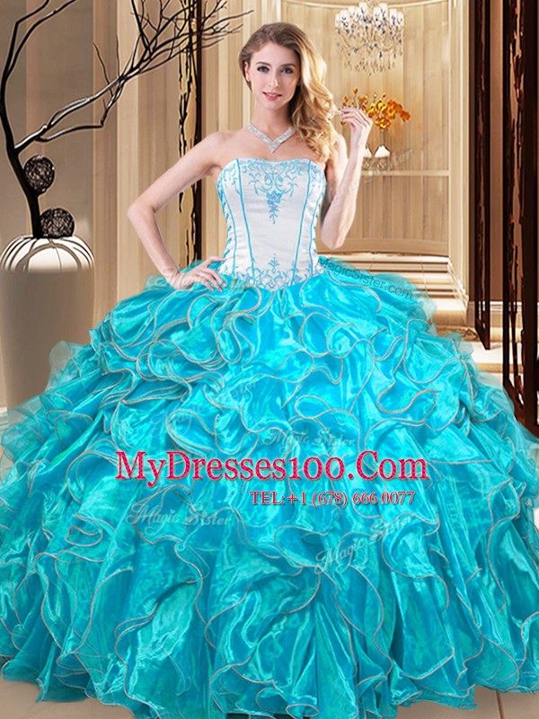 Organza Sleeveless Floor Length Quince Ball Gowns and Embroidery and Ruffles