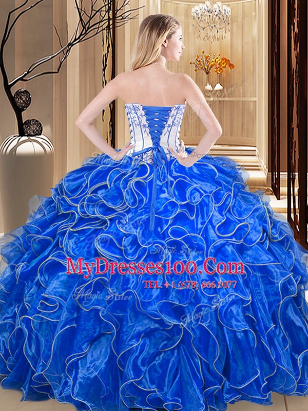 Organza Sleeveless Floor Length Quince Ball Gowns and Embroidery and Ruffles
