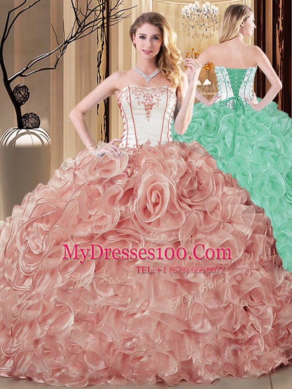 Champagne Lace Up Strapless Embroidery and Ruffles Quinceanera Dress Organza Sleeveless
