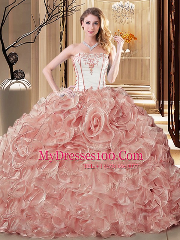 Champagne Lace Up Strapless Embroidery and Ruffles Quinceanera Dress Organza Sleeveless