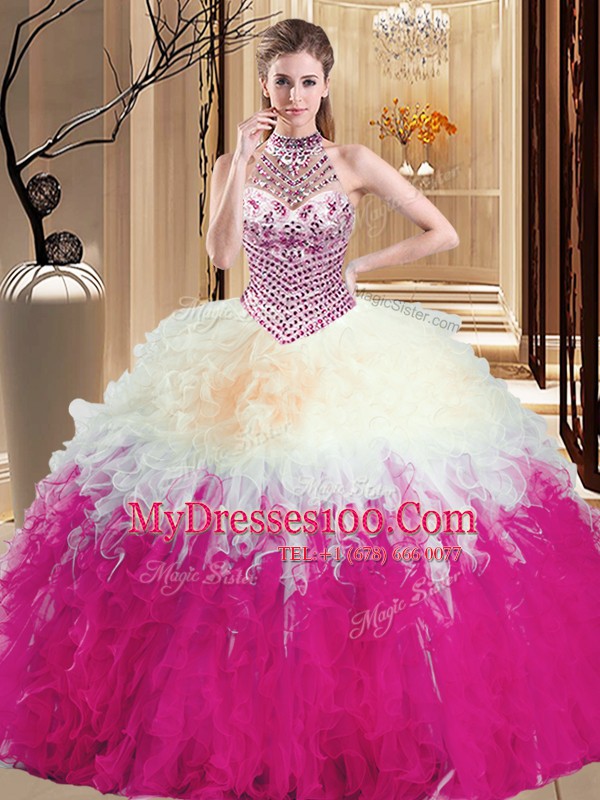 Extravagant Halter Top Sleeveless Lace Up Floor Length Beading and Ruffles Ball Gown Prom Dress
