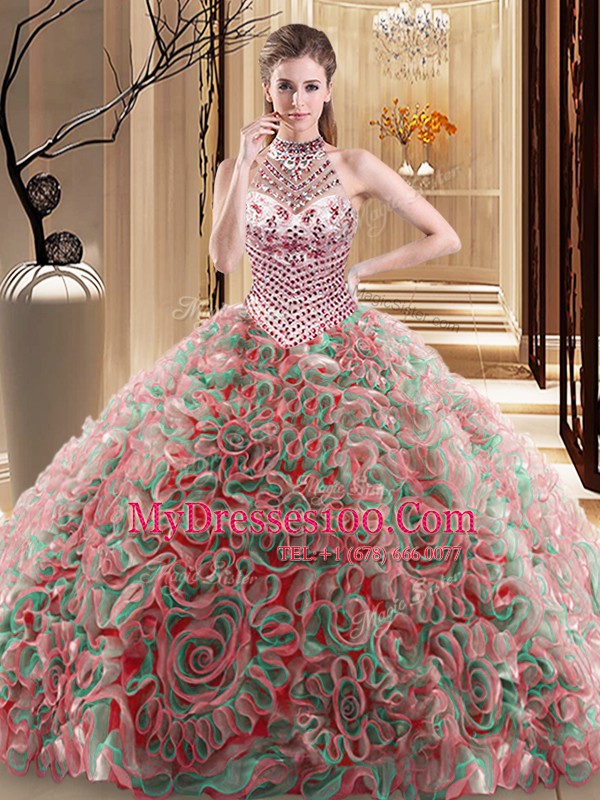 Extravagant Halter Top Sleeveless Fabric With Rolling Flowers With Brush Train Lace Up Quinceanera Gowns in Multi-color with Beading